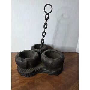 Vtg MCM Action Brutalist Iron Chain 3 Wood Cup Holder Industrial